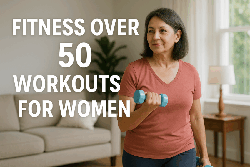 Active woman in her 50s doing light dumbbell exercises at home in a bright living room, soft natural light