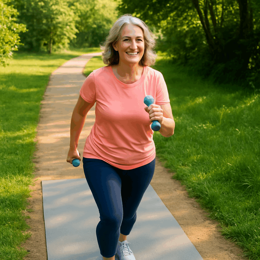 Fit woman over 50 performing a lunge