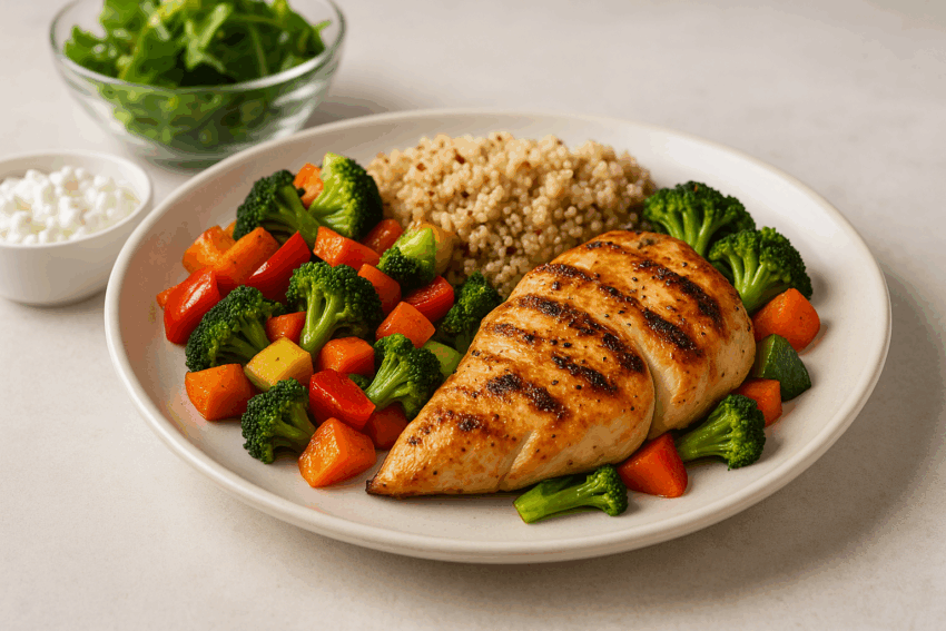 Colorful high-fiber meal bowl: quinoa, mixed vegetables (broccoli, carrots, bell peppers), chickpeas, leafy greens, top-down overhead view, clean modern kitchen table