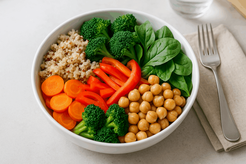 Colorful high-fiber meal bowl: quinoa, mixed vegetables (broccoli, carrots, bell peppers), chickpeas, leafy greens, top-down overhead view, clean modern kitchen table