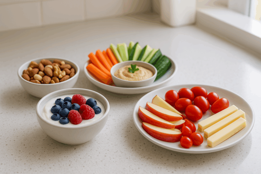 Healthy snack spread on a bright kitchen counter: Greek yogurt with berries, nuts, cheese sticks, hummus with sliced vegetables, cherry tomatoes, apple slices