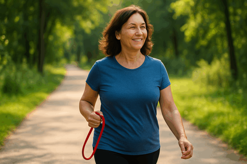 Woman in her 50s walking on a sunny outdoor path, holding a light resistance band or small hand weights