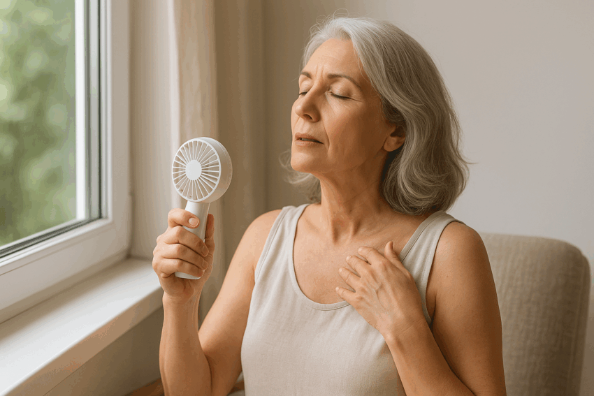 Woman in her 50s sitting near an open window using a small handheld fan