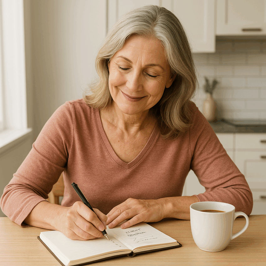Woman in her 50s sitting at a kitchen table writing in a simple habit journal or checklist