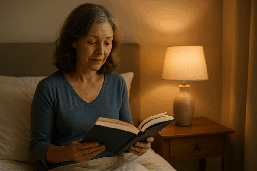 Calm evening scene of a woman in her 50s reading a book beside a bed