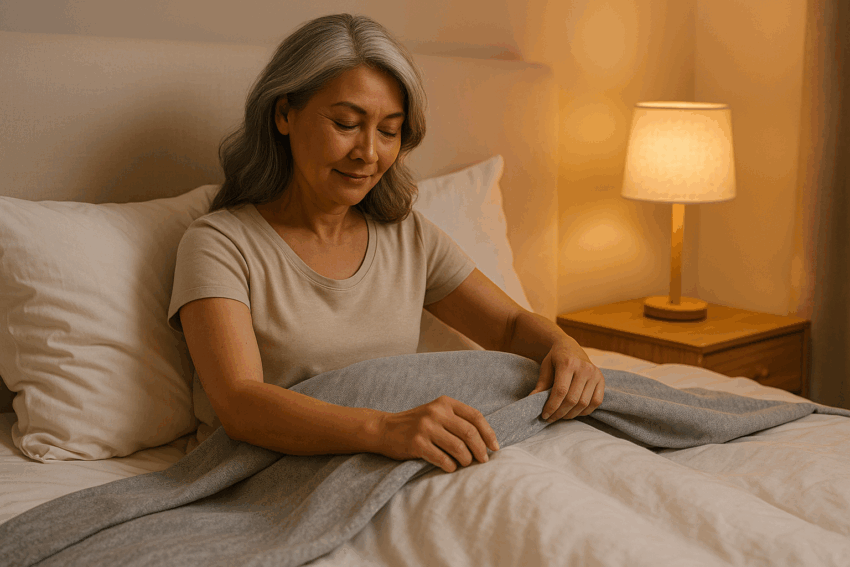 Serene bedroom scene with a woman in her 50s adjusting a cool, breathable blanket on her bed, dim warm evening lighting, soft shadows, clean minimalist decor, peaceful and calming mood
